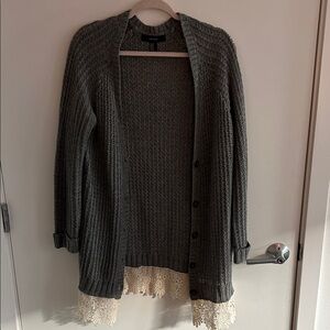 Gray Cardigan Sweater with Lace Trim